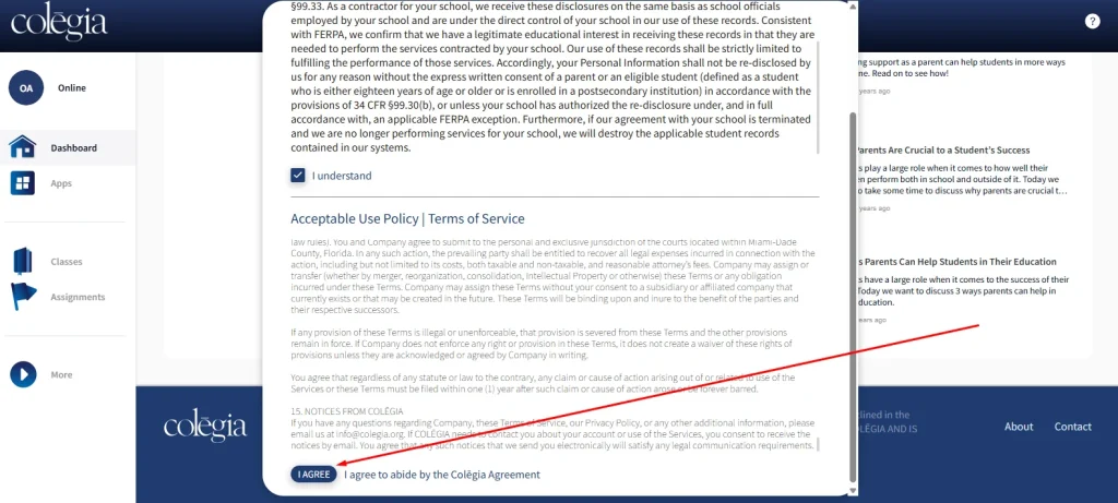 Colēgia Platform Features – From Assignments to Real-Time Messaging 3 Accept User Policy
